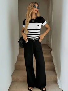 SHEIN LUNE Women's Casual Minimalist Round Neck Fitted Short Sleeve T-Shirt, Suitable For Spring/Summer,Summer Top - Multicolor - View 5