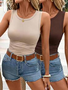 Easowa 2pcs/Set Casual Solid Color Versatile Women's Crew Neck Fitted Camisole, Suitable For Summer Back To School,Casual, Brown,Back To School Clothes - Multicolor - View 13