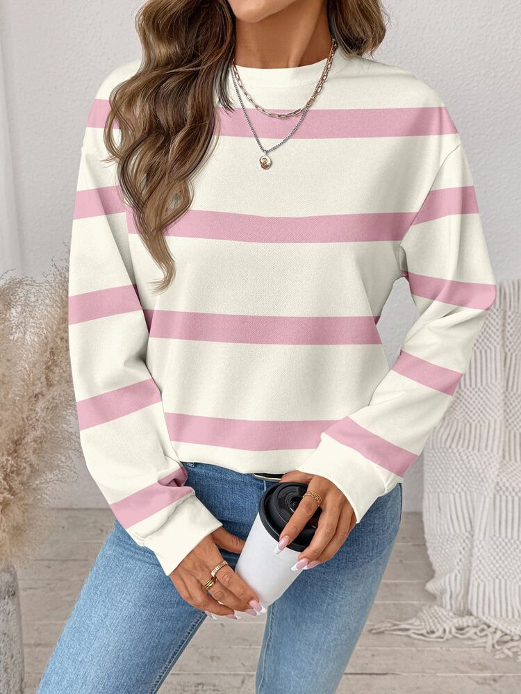 SHEIN LUNE Áo nỉ cổ tròn kẻ sọc màu hồng phong cách thường ngày cho nữ, phù hợp mùa thu/đông, quần áo mùa thu đi học, áo kẻ sọc - Nhiều màu - Xem 7
