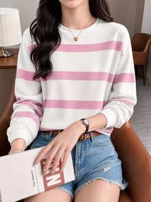 SHEIN LUNE Women's Casual Pink Striped Crew-Neck Sweatshirt, Suitable For Autumn/Winter,Fall Clothes Back-To-School,Striped Top - Multicolor - View 3