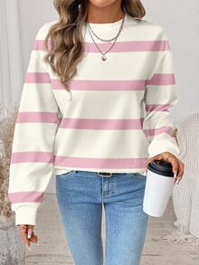 SHEIN LUNE Women's Casual Pink Striped Crew-Neck Sweatshirt, Suitable For Autumn/Winter,Fall Clothes Back-To-School,Striped Top - Multicolor - View 6