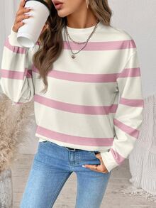 SHEIN LUNE Women's Casual Pink Striped Crew-Neck Sweatshirt, Suitable For Autumn/Winter,Fall Clothes Back-To-School,Striped Top - Multicolor - View 4
