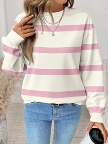 SHEIN LUNE Women's Casual Pink Striped Crew-Neck Sweatshirt, Suitable For Autumn/Winter,Fall Clothes Back-To-School,Striped Top - Multicolor - View 1