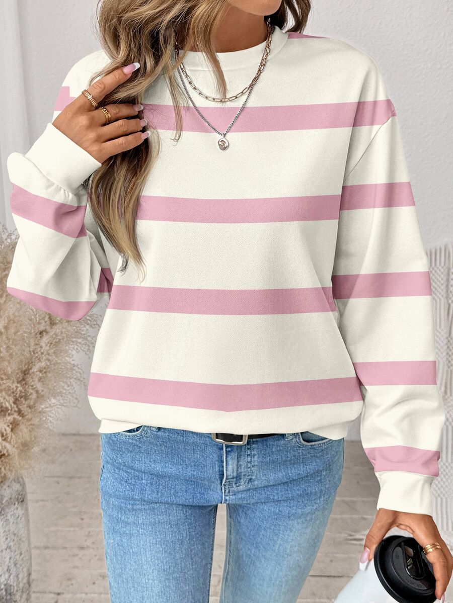 SHEIN LUNE Women's Casual Pink Striped Crew-Neck Sweatshirt, Suitable For Autumn/Winter,Fall Clothes Back-To-School,Striped Top - Multicolor - View 1