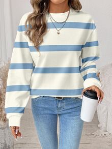 SHEIN LUNE 女款藍白條紋運動衫，寬鬆版型圓領長袖運動衫，條紋上衣，返校穿搭服飾 - 彩色 - 查看 6