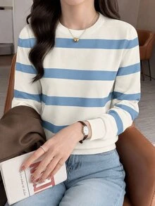 SHEIN LUNE 女款藍白條紋運動衫，寬鬆版型圓領長袖運動衫，條紋上衣，返校穿搭服飾 - 彩色 - 查看 3