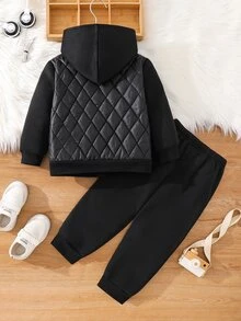 SHEIN 2件組兒童青少年藍色秋冬外套，棕色保暖毛絨內裡長褲，梭織兩件套，適合通勤穿著 - 黑色 - 查看 2