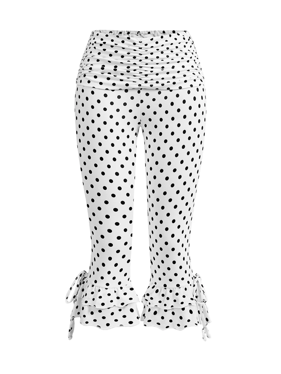 Sweetness Vintage Y2K Style Vacation Polka Dot Patchwork Ruched Skinny Women's Capri Pants - Black and White - View 1