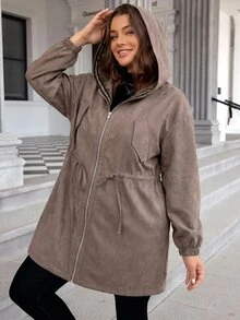 SHEIN LUNE 大尺碼純色連帽前開襟拉鍊休閒長袖外套，秋季 - 棕色 - 查看 7