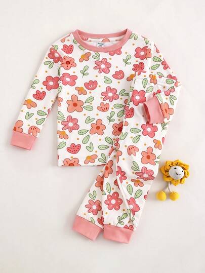 SHEIN Babygirl Cute Casual Knitted Floral Pattern Pink Long Sleeve Fitted Loungewear Set