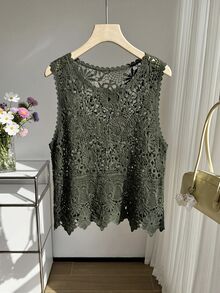 SHEIN EZwear 大尺碼女款春夏鉤編鏤空設計針織背心 - 軍綠色 - 查看 5