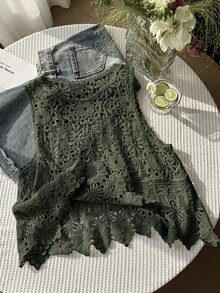 SHEIN EZwear 大尺碼女款春夏鉤編鏤空設計針織背心 - 軍綠色 - 查看 7