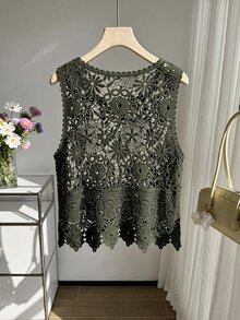 SHEIN EZwear 大尺碼女款春夏鉤編鏤空設計針織背心 - 軍綠色 - 查看 2