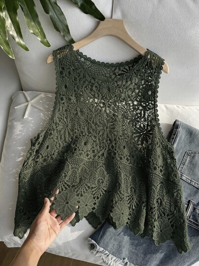 SHEIN EZwear 大尺碼女款秋冬休閒純色鏤空圓領針織背心