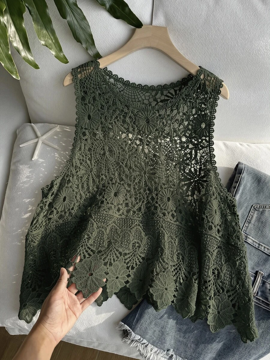 SHEIN EZwear 大尺碼女款春夏鉤編鏤空設計針織背心 - 軍綠色 - 查看 1