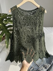 SHEIN EZwear 大尺碼女款春夏鉤編鏤空設計針織背心 - 軍綠色 - 查看 4