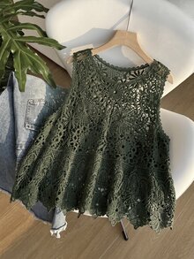 SHEIN EZwear 大尺碼女款春夏鉤編鏤空設計針織背心 - 軍綠色 - 查看 6
