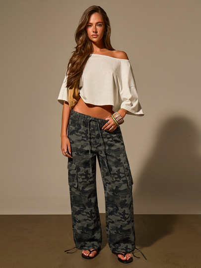 Athîral Denim Retro Street Style Camouflage  Cargo  Pants, Low Waist Loose Straight Leg Jeans, Music Festival Deep Green, Autumn Street Club Style,Cool Girl, Y2K