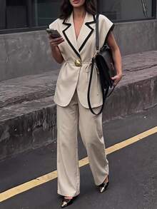 Aloruh 女款通勤商務早午餐辦公室對比飾邊背心長褲套裝，休閒優雅修身剪裁，職場穿搭，教師節米色夏季款 - 彩色 - 查看 2