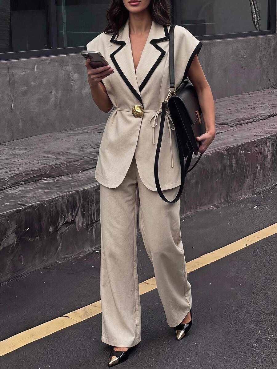 Aloruh 女款通勤商務早午餐辦公室對比飾邊背心長褲套裝，休閒優雅修身剪裁，職場穿搭，教師節米色夏季款