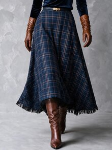 Solivie 女款秋季深藍色格紋不對稱下擺裙 秋季穿搭 女款牛仔女孩風格服飾 女款演唱會穿搭 流蘇裙 - 藏蓝色 - 查看 1