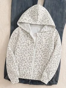 秋冬女款豹紋拉鍊連帽外套，街頭風混搭，針織運動衫面料，適合秋冬穿著 - 白色 - 查看 2