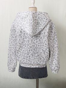 秋冬女款豹紋拉鍊連帽外套，街頭風混搭，針織運動衫面料，適合秋冬穿著 - 白色 - 查看 4