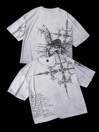 Street Life Camiseta de hombre talla grande con estampado de cruz - Camiseta de cuello redondo de manga corta estilo casual de calle, moda de verano streetwear