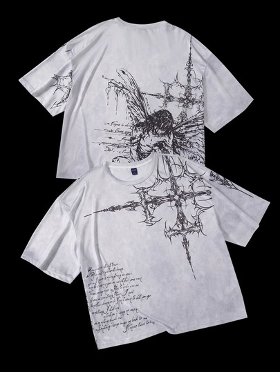 Street Life Camiseta de hombre talla grande con estampado de cruz - Camiseta de cuello redondo de manga corta estilo casual de calle, moda de verano streetwear