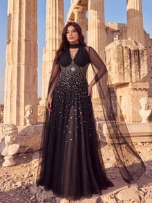 Aureia Plus Size Black Crystal Embellished Mesh Cape Sleeve Keyhole A-Line Maxi Gown For Prom, Wedding Guest & Formal Evening - Black - View 6