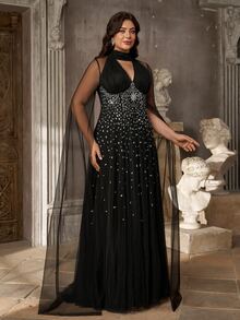 Aureia Plus Size Black Crystal Embellished Mesh Cape Sleeve Keyhole A-Line Maxi Gown For Prom, Wedding Guest & Formal Evening - Black - View 12
