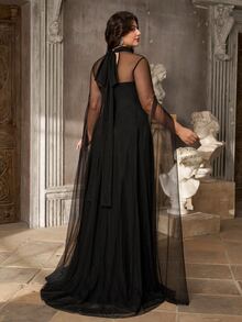 Aureia Plus Size Black Crystal Embellished Mesh Cape Sleeve Keyhole A-Line Maxi Gown For Prom, Wedding Guest & Formal Evening - Black - View 4