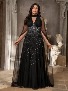 Aureia Plus Size Black Crystal Embellished Mesh Cape Sleeve Keyhole A-Line Maxi Gown For Prom, Wedding Guest & Formal Evening - Black - View 9