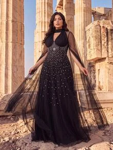 Aureia Plus Size Black Crystal Embellished Mesh Cape Sleeve Keyhole A-Line Maxi Gown For Prom, Wedding Guest & Formal Evening - Black - View 5
