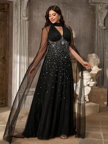 Aureia Plus Size Black Crystal Embellished Mesh Cape Sleeve Keyhole A-Line Maxi Gown For Prom, Wedding Guest & Formal Evening - Black - View 10