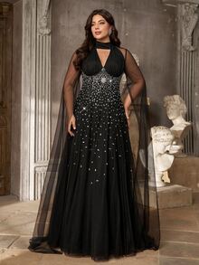 Aureia Plus Size Black Crystal Embellished Mesh Cape Sleeve Keyhole A-Line Maxi Gown For Prom, Wedding Guest & Formal Evening - Black - View 7
