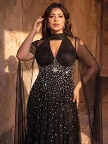 Aureia Plus Size Black Crystal Embellished Mesh Cape Sleeve Keyhole A-Line Maxi Gown For Prom, Wedding Guest & Formal Evening - Black - View 2