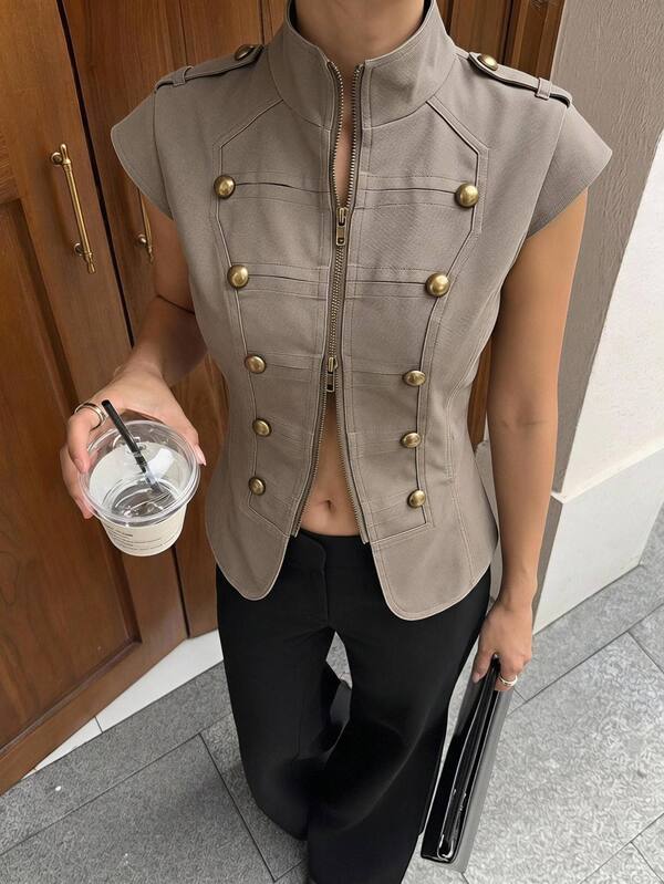 SHEIN PETITE Women's Solid Color Zipper Casual Versatile Everyday Jacket
