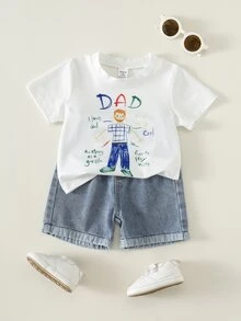 SHEIN 2pcs Baby Boy Casual Cute Father's Day Pattern Short Sleeve T-Shirt And Denim Shorts Set, Suitable For Spring/Summer - Multicolor - View 4
