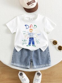 SHEIN 2pcs Baby Boy Casual Cute Father's Day Pattern Short Sleeve T-Shirt And Denim Shorts Set, Suitable For Spring/Summer - Multicolor - View 10