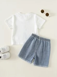 SHEIN 2pcs Baby Boy Casual Cute Father's Day Pattern Short Sleeve T-Shirt And Denim Shorts Set, Suitable For Spring/Summer - Multicolor - View 3