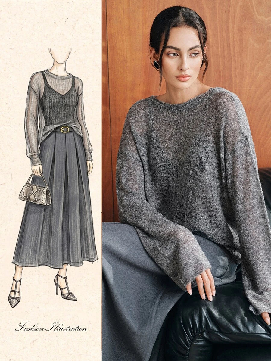 Anewsta Solid Drop Shoulder Sweater - Dark Grey - View 1