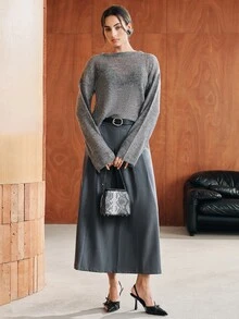 Anewsta Solid Drop Shoulder Sweater - Dark Grey - View 4