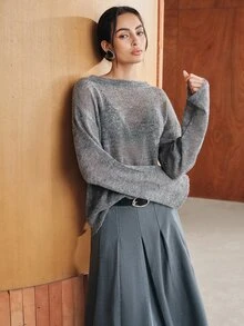 Anewsta Solid Drop Shoulder Sweater - Dark Grey - View 6