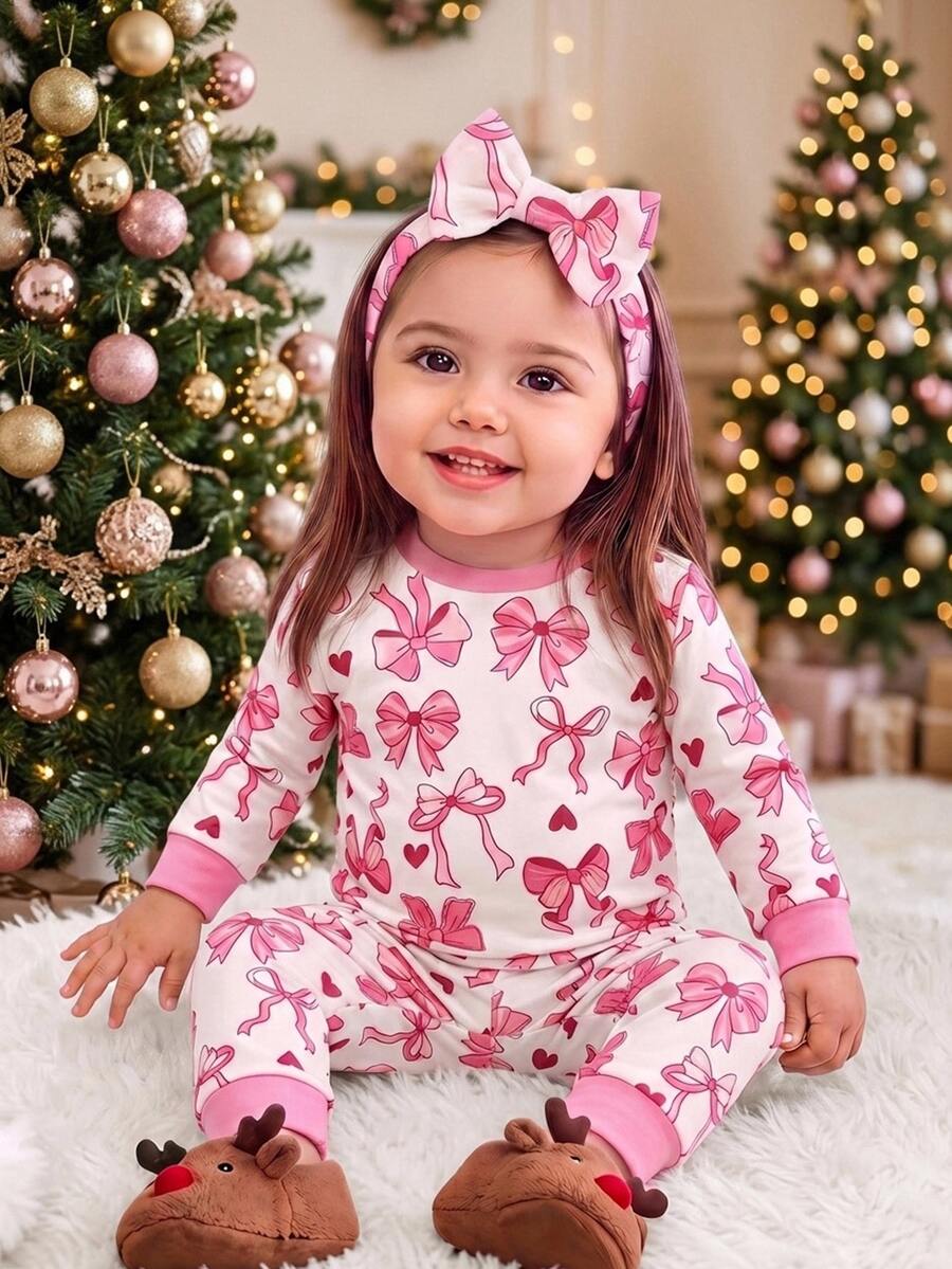 SHEIN Baby Girl Bow Print Top And Leggings Snug Fit Loungewear - Pink - View 1