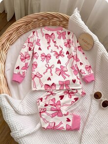 SHEIN 女嬰蝴蝶結印花上衣與緊身褲套裝 貼身居家服 - 粉色 - 查看 2