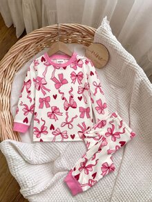 SHEIN 女嬰蝴蝶結印花上衣與緊身褲套裝 貼身居家服 - 粉色 - 查看 4