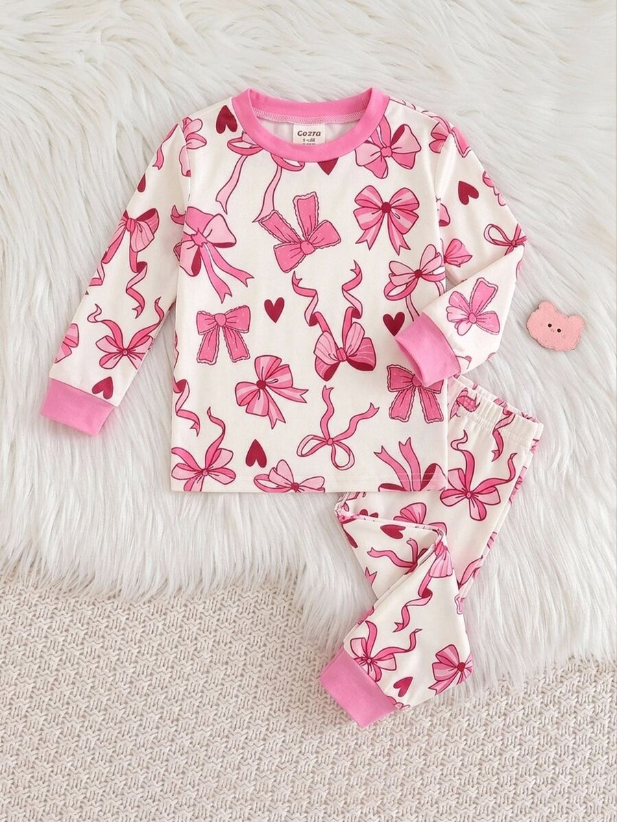 SHEIN 女嬰蝴蝶結印花上衣與緊身褲套裝 貼身居家服 - 粉色 - 查看 1