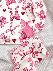 SHEIN 女嬰蝴蝶結印花上衣與緊身褲套裝 貼身居家服 - 粉色 - 查看 5