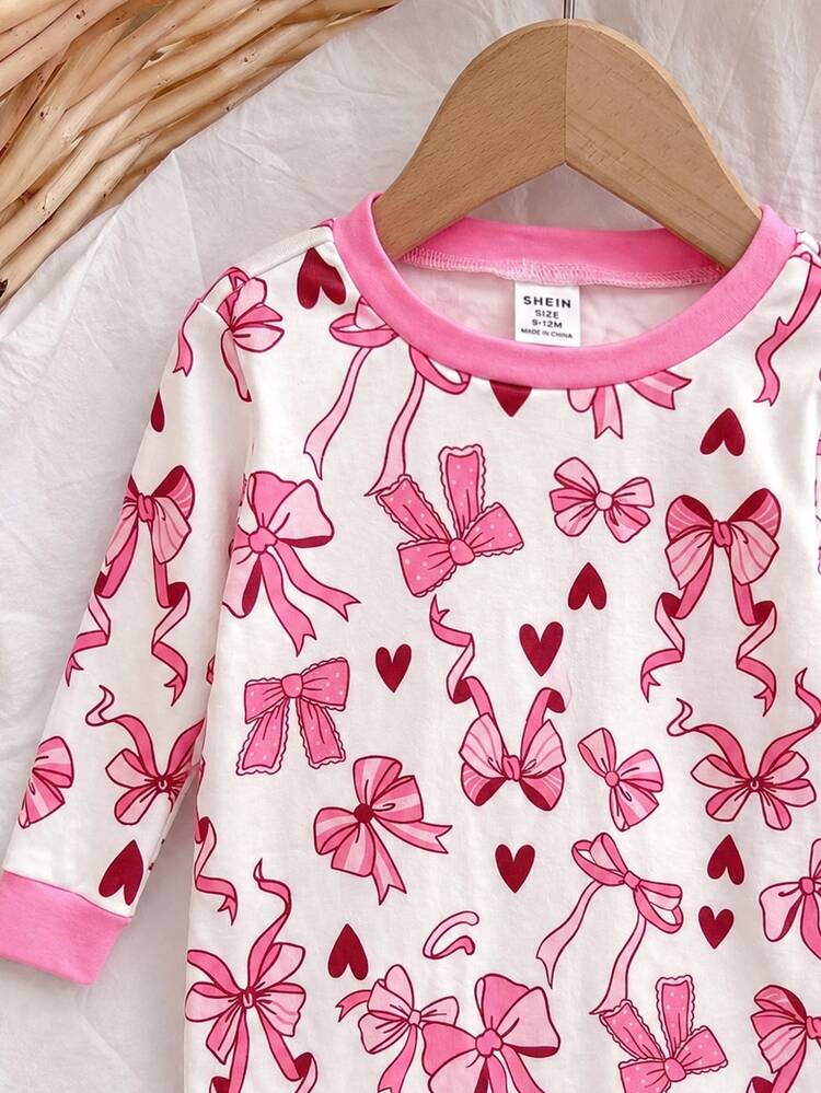 SHEIN Baby Girl Bow Print Top And Leggings Snug Fit Loungewear - Pink - View 6